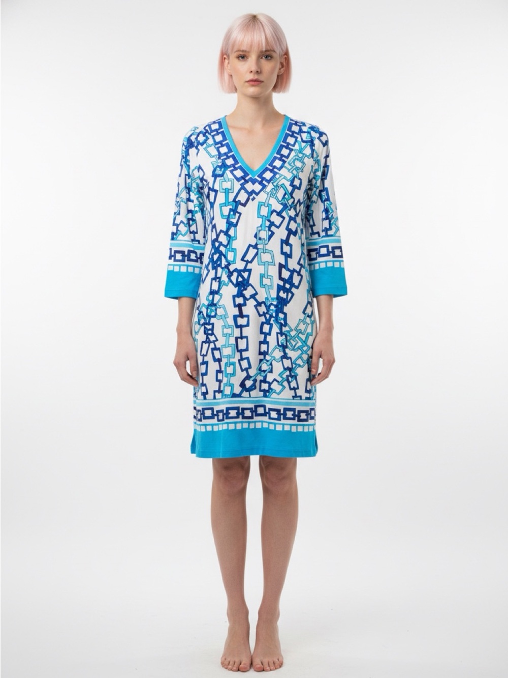 V-Neck Blue Chain-Pattern Mini Dress by Barbara Gerwit